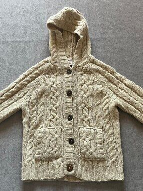 Vintage Abercrombie & Fitch Wool Cable Knit Button Hoodie Women Medium Beige